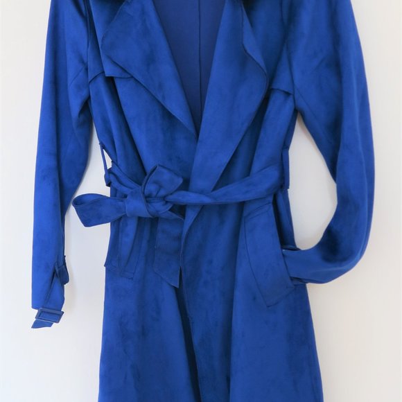Blue faux suede material AMARYLLIS medium trench coat with matching belt - Picture 7 of 11